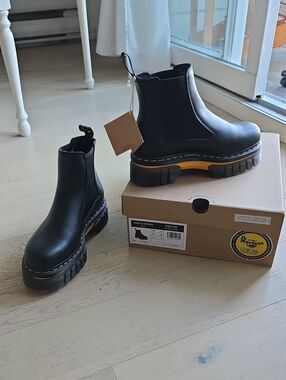 New Unworn black Chelsea Lug Boots with Yellow Accent